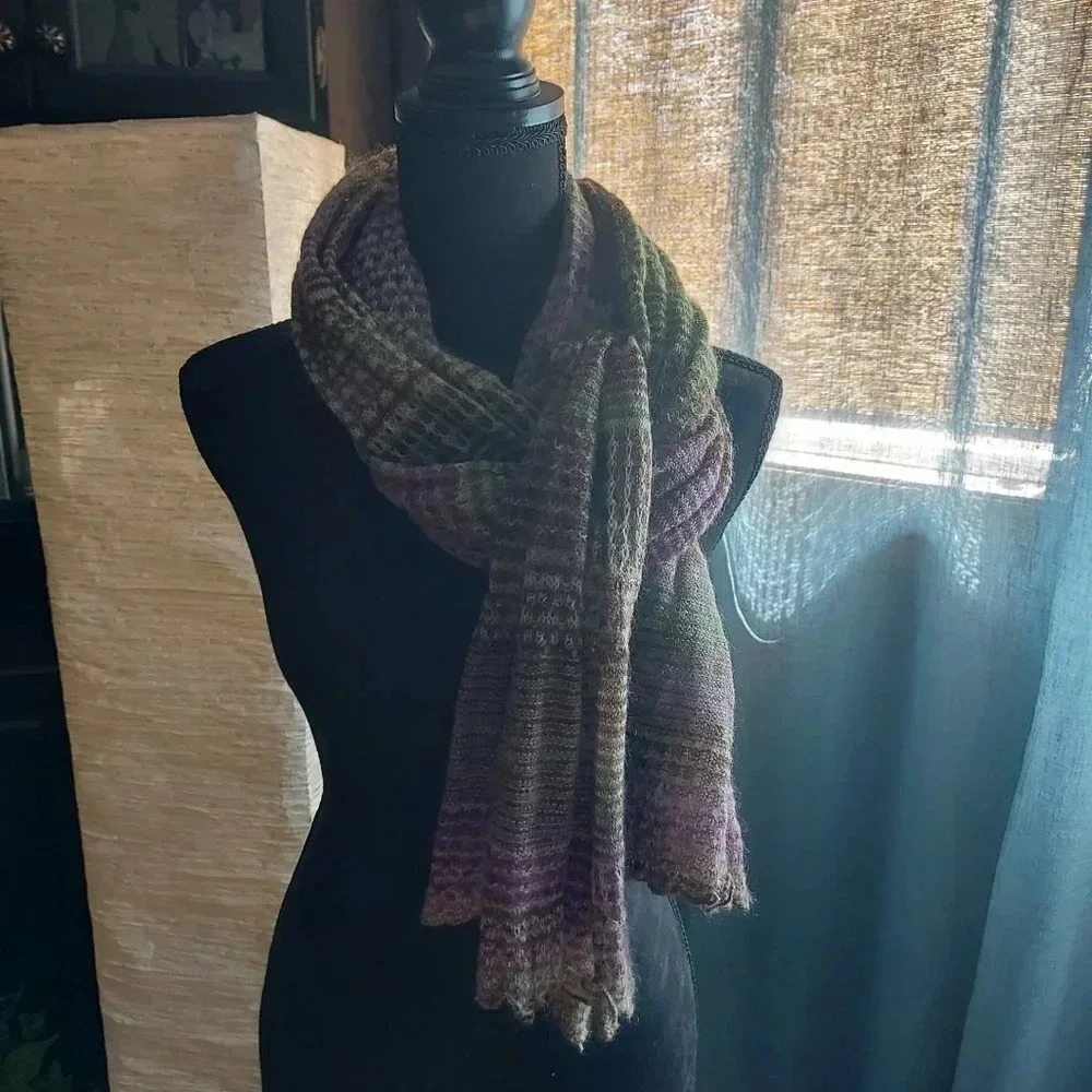 Super Cute Hobo Boho  Spring/Fall Green, Beige, Purple, Brown Scarf w Frils Ends